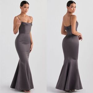 NWT House of CB 'Violette' Shadow Grey Satin Fishtail Maxi Gown XS